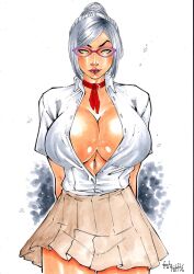 1girls big_breasts bulging_breasts cleavage ed_benes_studio female_focus female_only glasses looking_at_viewer milf prison_school school_uniform shiraki_meiko solo_female tagme upper_body vagner_fernandes voluptuous_female white_hair