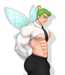 1boy abs alternate_version_available bulge cosmo_cosma crown eight_pack fairy green_eyebrows green_eyes green_hair hands_behind_back kappibara light-skinned_male looking_at_viewer male male_only muscles muscular muscular_male mythical nickelodeon nicktoons pecs shirt_lift side_view solo solo_male straight_hair the_fairly_oddparents tie twitter voluptuous white_background wings