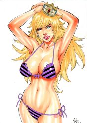 1girls big_breasts blonde_hair breasts bulging_breast bulging_breasts curvaceous curvy_body curvy_female curvy_figure ed_benes_studio female golden_crown long_hair mario_(series) milf nintendo pinup princess_peach solo thighs traditional_media_(artwork) upper_body vagner_fernandes violet_bikini violet_thong voluptuous voluptuous_female