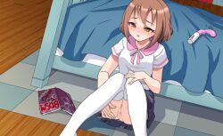 blush book brown_eyes brown_hair clara_(together_again) cleft_of_venus dildo dutch_angle female game_cg highres masturbation no_panties open_book open_mouth pink_ribbon pinktea pussy pussy_juice ribbon school_uniform sex_toy short_hair socks solo_focus thigh_socks thighhighs together_again white_legwear white_socks