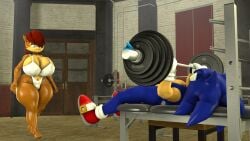 3d blueapple chipmunk eulipotyphlan ground_squirrel hedgehog huge_breasts male mammal rodent sally_acorn sciurid sonic_(series) sonic_the_hedgehog thick_thighs underwear walking weight_bench