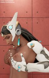 1girls 3d big_breasts blizzard_entertainment breasts dark-skinned_female dark_skin female female_only grabbing_own_breast indian licking_nipples licking_own_nipple metal_arm overwatch robotic_arm solo symmetra thehounde