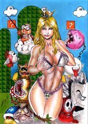 1girls big_breasts bikini_bottom bikini_top blonde_hair boo_(mario) boobs bulging_breasts buzzy_beetle chain_chomp cheep_cheep curvaceous curvy_body curvy_female curvy_figure ed_benes_studio ednardo_ferreira goomba lakitu long_hair mario_(series) milf mommy_kink pokey_(mario) princess_peach seductive_look shy_guy super_mario_bros. thong touching_breast traditional_media_(artwork) voluptuous