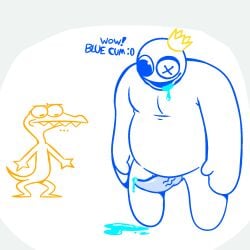 blue_(rainbow_friends) blue_body blue_cum blue_penis blue_skin button_eyes crown cum cum_drip dialogue drooling gay humanoid lineart male male/male male_only orange_(rainbow_friends) orange_body orange_skin outline penis rainbow_friends reptile roblox roblox_game sharp_teeth simple_background size_difference slightly_chubby standing tapering_penis tentacle_penis text veiny_penis white_background yukki_starr