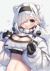 :p animal_ears arknights artist_request aurora_(arknights) bear_ears black_gloves black_hairband blue_eyes blush breasts cleavage crop_top daifukumochi_(akaaokiiwo) extra_ears eyes_visible_through_hair female gloves hair_ornament hair_over_one_eye hairband hairclip high_collar highres large_breasts long_hair long_sleeves looking_at_viewer navel puffy_long_sleeves puffy_sleeves revealing_clothes shrug_(clothing) silver_hair simple_background smile solo stomach tongue tongue_out unzipped upper_body white_background