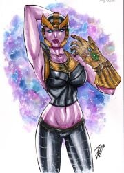 1girls alien alien_girl big_breasts curvy curvy_female ed_benes_studio female female_focus female_only fit fit_female gender_bender genderswap genderswap_(mtf) humanoid infinity_gauntlet joe_lima latex_bra latex_legwear marvel marvel_comics purple-skinned_female purple_skin solo tagme thanos voluptuous_female