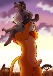 anthro ass balls big_breasts breasts carrying_partner cunnilingus disney duo erection felid female genitals hi_res hyaenid lion male male/female mammal nipples nude oral pantherine pickles-hyena sex shenzi simba sunrise the_lion_king vaginal_penetration