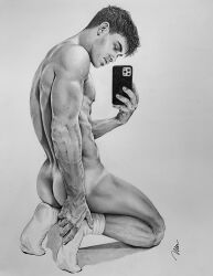 1boy ass black_and_white brad_welch_art butt caucasian caucasian_male cellphone instagram_model male male_only matthew_crawford muscles muscular muscular_male on_knees onlyfans_model pencil_(artwork) real_person selfie sketch socks solo solo_male tanline teasing uncolored