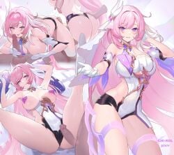 1boy ass bangs blush breasts chi-rol covered_nipples elysia_(herrscher_of_human:ego) elysia_(honkai_impact) erection fellatio female hair_ornament heart_pasties highres honkai_(series) honkai_impact_3rd large_breasts leotard long_hair looking_at_viewer multiple_views oral pasties penis pink_hair purple_eyes smile spread_legs straight tongue tongue_out white_leotard