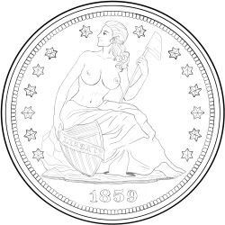 1girls coin commission currency female historical large_breasts light-skinned_female line_art long_hair monochrome sitting solo star