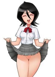 1girls black_hair bleach blush bottomless bottomless_skirt breasts closed_eyes female female_only kuchiki_rukia lifted_by_self lifting_skirt loodncrood no_panties no_panties_under_skirt presenting_pussy pussy school_uniform schoolgirl short_hair skirt skirt_lift solo solo_female standing thighs white_background