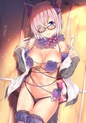 animal_ear_fluff animal_ears bare_shoulders boots breasts cross-laced_footwear elbow_gloves fake_animal_ears fake_tail fate/grand_order fate_(series) female fur_collar fur_trim glasses gloves grey_jacket hair_over_one_eye halloween_costume highres indoors jacket kawai_(purplrpouni) lace-up_boots large_breasts locker long_sleeves looking_at_viewer mash_kyrielight mash_kyrielight_(dangerous_beast) o-ring o-ring_top official_alternate_costume purple_eyes purple_gloves purple_hair purple_thighhighs revealing_clothes ribbon short_hair solo tail thighhighs undressing wolf_ears wolf_tail