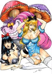 2girls alice_(wonderland) alice_in_wonderland alice_in_wonderland_(zenescope) alice_liddell big_breasts black_hair blonde_hair bulging_breasts busty cheshire_cat corset_piercing crossover curvaceous curvy_female curvy_figure disney disney_princess ed_benes_studio ednardo_ferreira female_focus female_only kaloy_costa_(artist) long_hair milf multiple_girls seductive_look snow_white_and_the_seven_dwarfs voluptuous voluptuous_female white_garter_straps white_panties white_stockings zenescope zenescope_entertainment