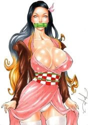 1girls aged_up alternate_breast_size bamboo big_breasts black_hair breasts bulging_breasts demon_slayer ed_benes_studio female female_only jeferson_lima kamado_nezuko kimetsu_no_yaiba long_hair looking_at_viewer milf pink_kimono seductive_eyes seductive_look solo voluptuous voluptuous_female white_thong