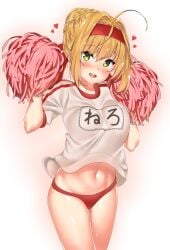 10s ahoge blonde_hair blush braid breasts buruma cheerleader fate/extra fate/grand_order fate_(series) female french_braid green_eyes gym_uniform hair_intakes hands_up headband heart highres hip_focus kawai_(purplrpouni) large_breasts looking_at_viewer name_tag navel nero_claudius_(fate) nero_claudius_(fate)_(all) nero_claudius_(fate/extra) nero_claudius_(olympian_bloomers) official_alternate_costume open_mouth pom_pom_(cheerleading) red_buruma red_headband shiny shiny_skin shirt smile solo thighs white_shirt