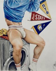 athlete big_bulge brad_welch_art bulge colored_pencil_(artwork) huge_bulge jockstrap male male_only muscles muscular muscular_male pencil_(artwork) sketch socks taking_off_shirt thick_thighs underwear white_socks white_underwear