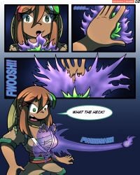 1girls brown_hair climbing comic dark-skinned_female female ghost grappling_hook green_eyes kiroxiii multicolored_hair oc pokemon possession rika_dimensional_ninja text unusual_pupils watermark