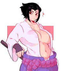 1girls big_breasts black_hair female female_only hanaarts hi_res inner_sideboob looking_at_viewer naruto naruto_shippuden red_eyes rule_63 sasuke_uchiha sasuko sharingan solo