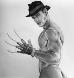 1boy ass black_and_white brad_welch_art butt caucasian caucasian_male claws fashion_model freddy_krueger_(cosplay) kolos_balazs looking_at_viewer male male_model male_only muscles muscular muscular_male nightmare_on_elm_street pencil_(artwork) real_person sketch solo solo_male teasing treasure_trail uncolored