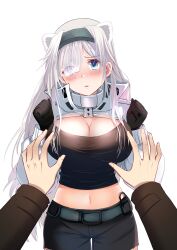 absurdres animal_ears arknights aurora_(arknights) bangs bear_ears belt big_breasts black_gloves black_shirt black_shorts blue_eyes blush breasts busty cleavage commentary cowboy_shot crop_top curvaceous curvy extra_ears eyes_visible_through_hair female female_focus gloves grey_hairband hair_over_one_eye hairband hands_up head_tilt highres hips huge_breasts imminent_breast_grab kon_hitsuji large_breasts light-skinned_female light-skinned_male light_skin long_hair long_sleeves looking_at_viewer massive_breasts midriff navel nose_blush parted_lips pov seductive seductive_look shiny_breasts shiny_skin shirt shorts shrug_(clothing) shy silver_hair simple_background solo_focus standing stomach very_long_hair voluptuous w_arms waist wasp_waist white_background wide_hips