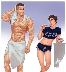 2boys bath_towel braincurry crop_top english_text femboy feminine_male licking_spoon light-skinned_femboy light-skinned_male light_skin looking_at_each_other male male_only marvel marvel_comics muscles muscular muscular_male peter_parker scars short_shorts spider-man_(series) straight_hair tattoos towel wade_wilson