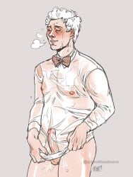 1boy alone aziraphale blush closed_eyes erect erect_penis erection good_omens male male_focus male_only naked semi-naked semi_nude shirt solo solo_focus solo_male tagme transparent_clothing wet wet_clothes wet_shirt white_hair