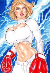 1girls big_breasts blonde_hair blue_eyes boxing_gloves breasts bulging_breasts cleavage curvaceous curvy_body curvy_female curvy_figure dc dc_comics ed_benes_studio female female_only fit_female gloves jeferson_lima justice_society_of_america karen_starr light-skinned_female light_skin lips lipstick long_sleeves looking_at_viewer midriff milf power_girl red_boxing_gloves red_gloves red_lipstick short_hair solo solo_female voluptuous_female