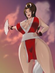 fan fatal_fury female king_of_fighters kyugata kyuugata looking_down low_angle mai_shiranui ninja smile solo standing tagme teeth weapon