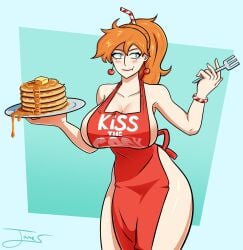 apron apron_only big_ass big_breasts blue_eyes eating jamesthespectre kiss_the_cook millie_(gerph) pancakes red_hair solo wide_hips