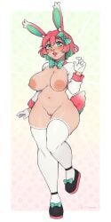 1girls areolae blush bonnie_(rizdraws) breasts bunny_ears bunny_girl bunny_tail clothing female female_only full_body gloves green_eyes green_hair hi_res looking_at_viewer medium_hair mostly_nude neck_ribbon nipples octentai_(artist) original pink_hair pussy red_lips smiling_at_viewer solo solo_female thick_thighs thighhighs two_tone_hair white_thighhighs