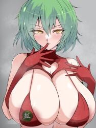 1girls 2022 bikini_top breasts female female_only green_hair hikage_(senran_kagura) huge_breasts kia-shi large_breasts massive_breasts pale-skinned_female pale_skin red_bikini_top senran_kagura short_hair yellow_eyes