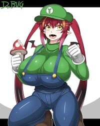 big_breasts dr.bug female female_only fully_clothed happy large_breasts luigi_(cosplay) mario_(series) mushroom renewlive suda_yoruka super_mario_bros. virtual_youtuber