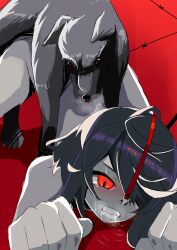 1animal 1girls black_hair canine canine_on_human colored_skin grey_skin interspecies kerobimu king_(vocaloid) mv_character nose_hook parody rape red_background red_eyes saliva saliva_on_floor sex sharp_teeth tears teeth unnamed_character vocaloid zoophilia