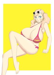 alternate_breast_size ann_takamaki big_breasts bikini blonde_hair blue_eyes byleths200 cleavage clothed edit eyewear_on_head huge_breasts nahone_peko persona persona_5 smile sunglasses sunglasses_on_head swimsuit twintails