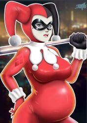 1girls alternate_version_available arrowdark batman_(series) belly big_belly big_breasts blue_eyes bodysuit dc_comics female female_only harley_quinn harley_quinn_(classic) mask pregnant skintight solo