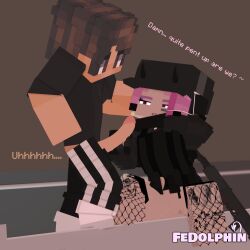 1boy 1boy1girl 1girls 3d akira_sato_(fedolphine) brown_eyes brown_hair commission erect_penis fedolphin female handjob holding_head male mine-imator minecraft no_panties outdoors pink_hair purple_hair pussy red_eyes smile straight succubus tattoo tattoos