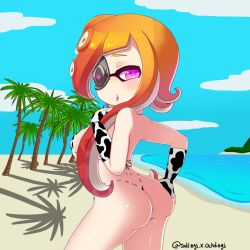 1girls animal_print ass beach blue_sky cosplay cow_print female gloves highres inkling inkling_girl inktoling long_hair looking_at_viewer looking_back mask non-web_source ocean octarian octoling octoling_girl orange_hair palm_tree purple_eyes sky swimsuit takozonesu tentacle tentacle_hair tree