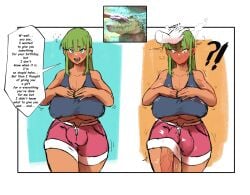 1futa 2022 ?! balls blue_eyes blush breasts bulge carlie_(iapan) circumcised clothed clothing crocodile crocodile_girl dark-skinned_futanari dialogue english_text fully_clothed futa_only futanari getting_erect green_hair grower_not_a_shower head_pat huge_balls huge_breasts huge_cock humanized humanoid humanoid_penis hyper_penis mostly_clothed penis penis_through_leghole reptile_humanoid sharp_teeth shorts shy solo standing text thick_thighs uncommon_stimulation underboob wholesome wide_hips yapan48