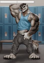 1boy 2022 anthro armpit_hair barazoku barefoot bench biceps big_bulge big_muscles body_hair bottomwear bulge canid canine canis claws clothed clothing erection erection_under_clothing eyebrows feet fur gulonine hair hand_behind_head hi_res huge_bulge huge_muscles hybrid inside locker locker_room looking_at_viewer male male_only mammal muscular muscular_anthro muscular_male mustelid musteline nipples obliques pants pecs shadow shirt signature smile solo standing styrling sweatpants tank_top timdoodles topwear tuft wolf wolverine