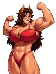 1girls abs biceps bra brown_hair commission extreme_muscles female female_only flexing flexing_bicep glasses horns long_hair looking_at_viewer massive_breasts muscles muscular muscular_female muscular_thighs narrowed_eyes panties red_eyes round_glasses smiling smiling_at_viewer solo solo_female sotcho teeth_showing very_high_resolution white_background