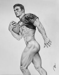 1boy ass athlete beard_stubble black_and_white bottomless brad_welch_art butt caucasian caucasian_male dylan_powell football football_uniform instagram_model jock male male_only muscles muscular muscular_male onlyfans_model pencil_(artwork) real_person shirt_lift sketch solo solo_male stubble tanline uncolored