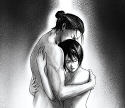 1boy 1girls attack_on_titan eremika eren_jaeger hugging mikasa_ackerman tagme