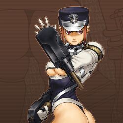 1girls ass big_ass big_breasts breasts brown_hair busty female female_only gloves gouketsuji_ichizoku groove_on_fight highres jiggeh josef_axner leotard looking_at_viewer police police_uniform policewoman power_instinct solis_r8000 solo thong_leotard underboob uniform voluptuous weapon