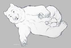 anatomically_correct animal_genitalia animal_penis balls big_balls brown_bear claws feral genitals grizzly_bear hair holding_paws kuruk_(character) lying male mammal mane mane_hair on_side pawpads paws penis penis_tip raised_leg sheath slightly_chubby solo tip_showing ursid ursine ursine_penis whisperer