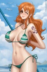 big_breasts big_tits bikini bikini_bottom bikini_top breasts female female_only kyopink long_hair nami nami_(one_piece) one_piece orange_hair post-timeskip shounen_jump solo_female striped_bikini tagme tits