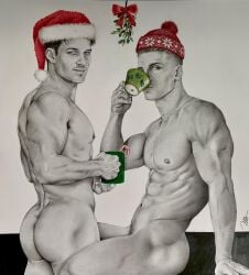 ass black_and_white brad_welch_art caucasian caucasian_male christmas drinking english_text instagram_model looking_at_viewer male male_only muscles muscular muscular_male nick_sandell onlyfans_model pencil_(artwork) real_person sketch uncolored