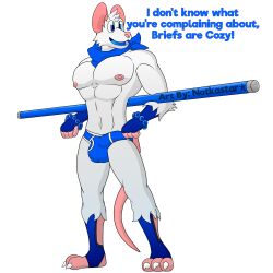 1boy anthro balls_outline briefs bulge clothing dialogue fluffy genital_outline happy male male_only mammal mouse murid murine muscular nipples notkastar pecs penis_outline prayer_beads rodent scarf smile solo staff underwear