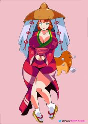 big_ass big_breasts big_butt big_thighs canon_genderswap fox_tail gender_transformation genderswap_(mtf) green_eyes inuyasha kimono kitsune makeup nervous orange_hair poof_transformation rule_63 shape_shifter shapeshifter shapeshifting shiftingfun shippo thick thick_legs transformation worried_expression