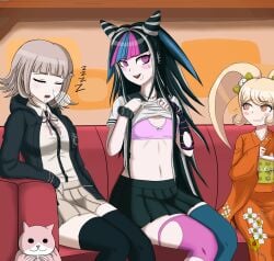 blush bra breasts danganronpa danganronpa_2:_goodbye_despair embarrassed female_only flashing_breasts jjackjjack mioda_ibuki nanami_chiaki saionji_hiyoko small_breasts smooth_skin super_danganronpa_2