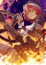 detailed_background explosion eyebrows_visible_through_hair female fire fully_clothed fully_clothed_female hat hi_res large_breasts lupusregina_beta maid maid_headdress maid_uniform overlord_(maruyama) red_hair sadistic_smile smile solo solo_female tagme twin_braids weapon yellow_eyes